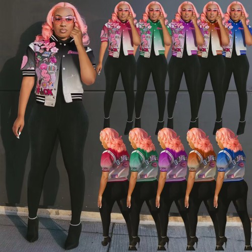 Women's character fashion top letter-printed gradient baseball jacket