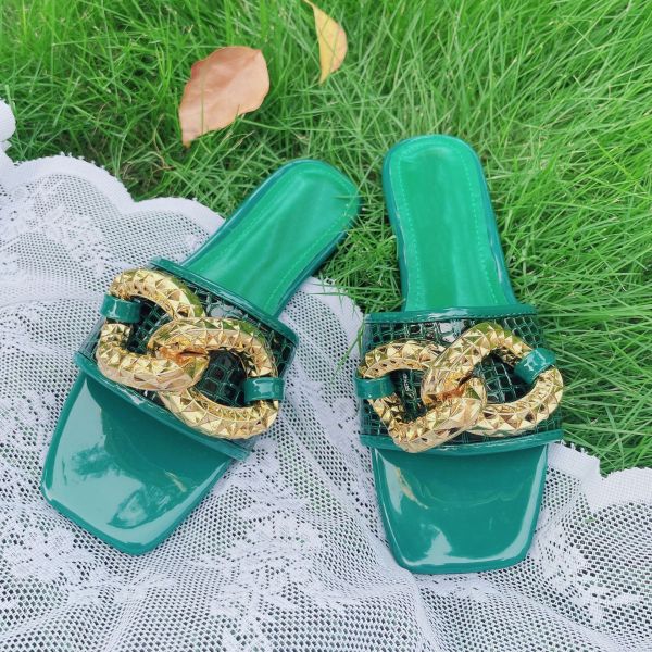 Oversized women's slippers retro metal button square head flat bottom sandal slippers summer slippers