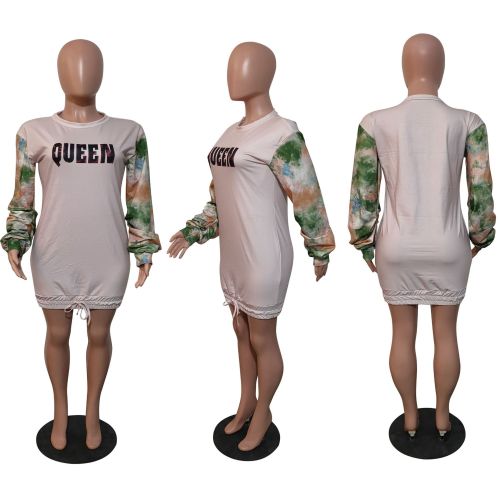 Women's fashion casual color letter patchwork long-sleeved dress