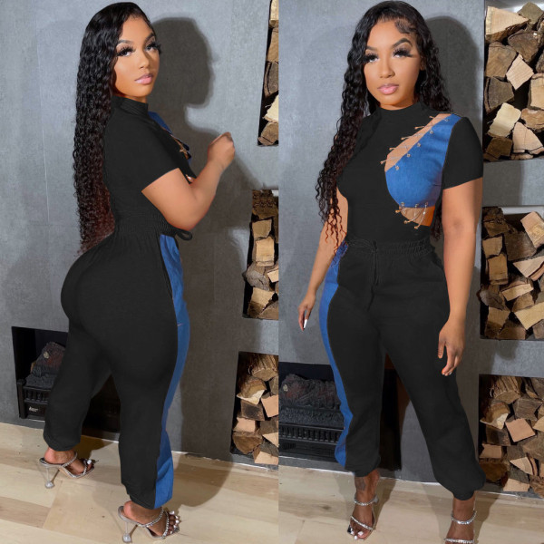 Fashion casual solid color patchwork denim two-piece set