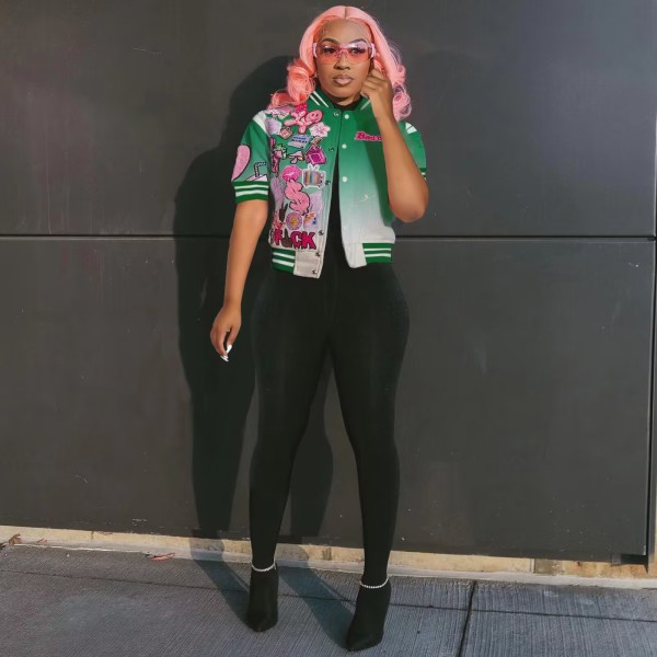 Women's character fashion top letter-printed gradient baseball jacket