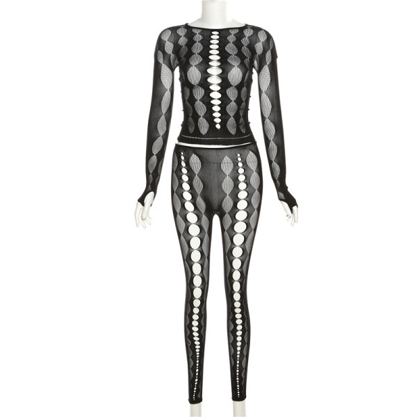 Sexy hollow knit top high waist tight casual pants suit
