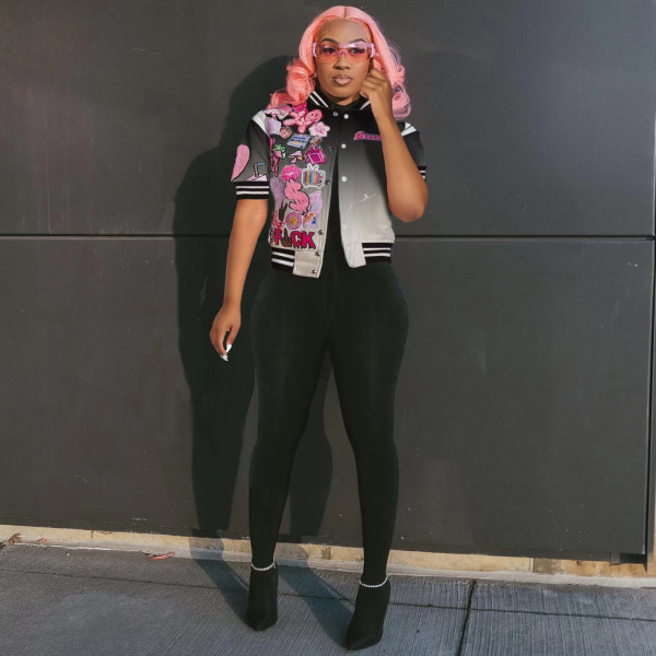 Women's character fashion top letter-printed gradient baseball jacket