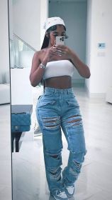 Casual denim trousers, perforated denim overalls