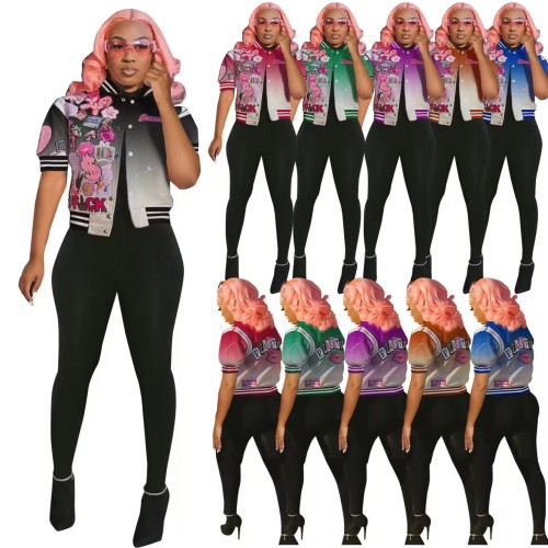 Women's character fashion top letter-printed gradient baseball jacket