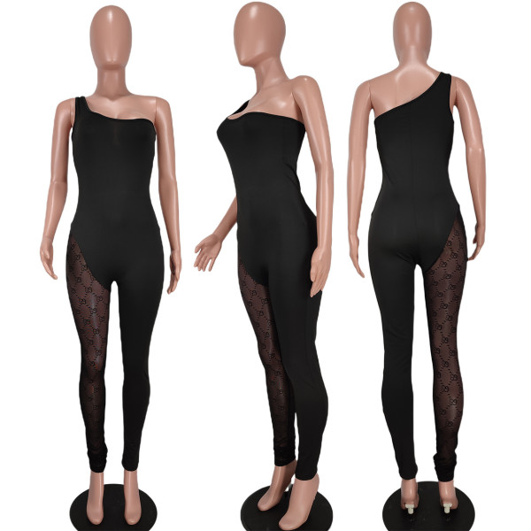 Tank top with off-shoulder panel mesh solid color jumpsuit