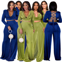 Korean velvet nightclub open-back strap V-neck pleat two-piece set Korean velvet nightclub open-back strap V-neck pleat two-piece set