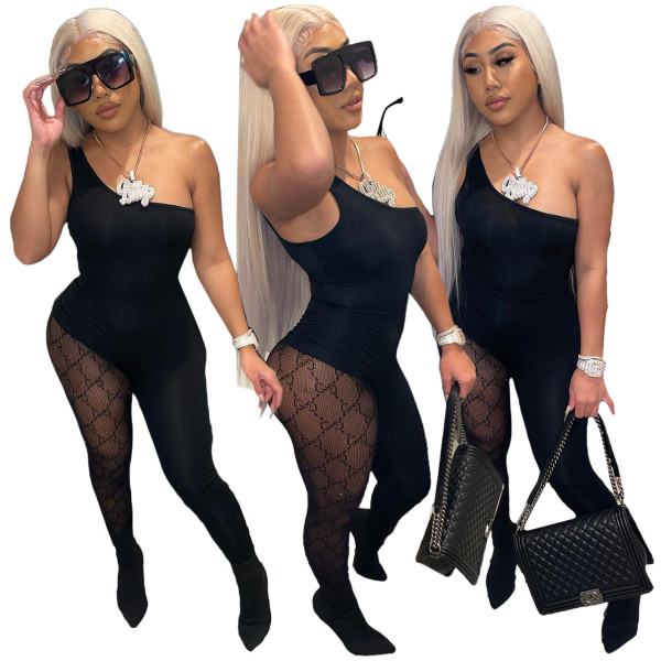 Tank top with off-shoulder panel mesh solid color jumpsuit