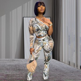 Fashion sexy print pleat two-piece set