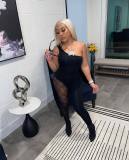 Tank top with off-shoulder panel mesh solid color jumpsuit