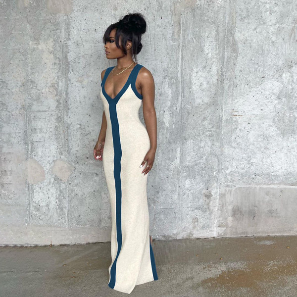 Women's sexy V-neck wide shoulder straps contrast color slimming temperament dress seaside holiday style long skirt