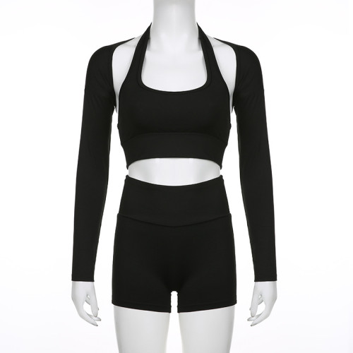 Women's Simple Casual Basic Short Open Umbilical Hanging Neck Yoga Fitness Casual Set 3-piece Set