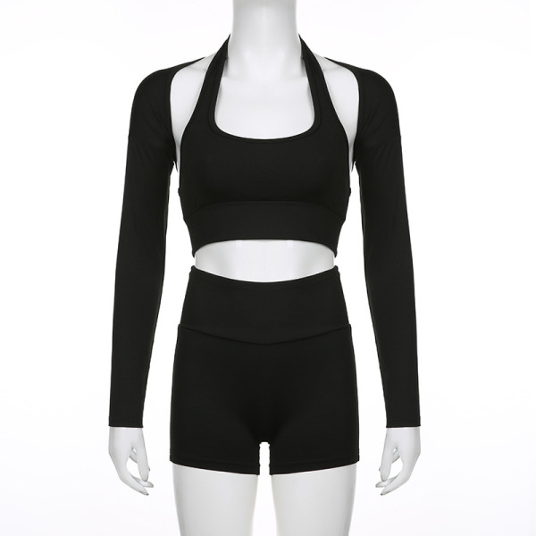Women's Simple Casual Basic Short Open Umbilical Hanging Neck Yoga Fitness Casual Set 3-piece Set