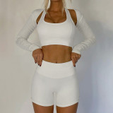 Women's Simple Casual Basic Short Open Umbilical Hanging Neck Yoga Fitness Casual Set 3-piece Set