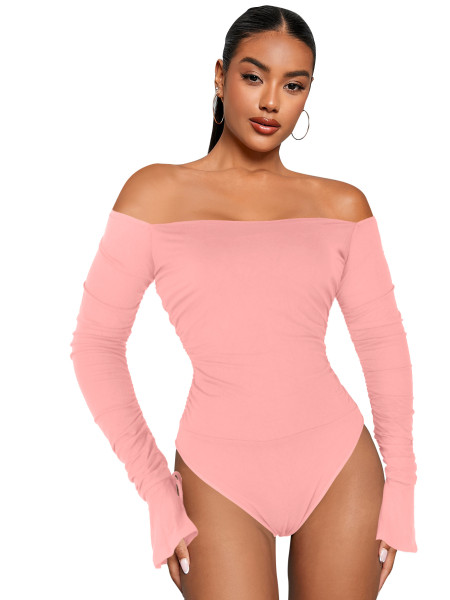 Rib Flare Long Sleeve Off Shoulder Jumpsuit