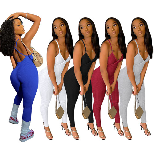 Women's solid color small pit strap suspender with back strap and chest pad casual yoga jumpsuit