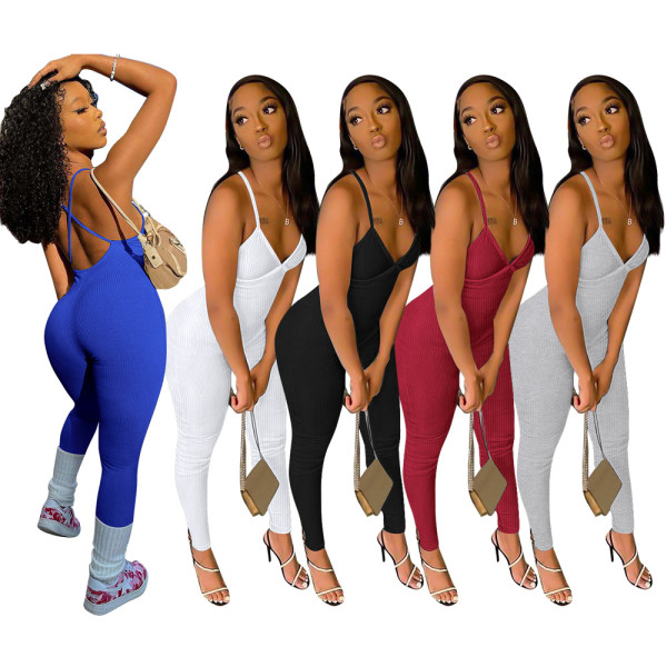 Women's solid color small pit strap suspender with back strap and chest pad casual yoga jumpsuit