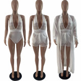 Solid mesh perspective sexy cardigan 3-piece set