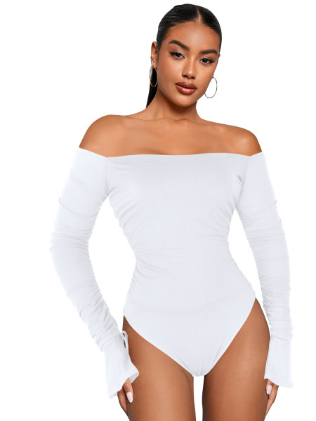 Rib Flare Long Sleeve Off Shoulder Jumpsuit