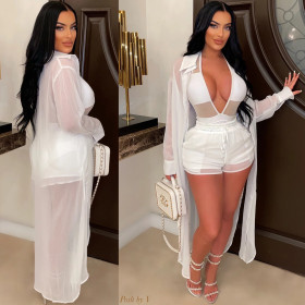 Solid mesh perspective sexy cardigan 3-piece set