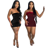Velvet Shiny Fabric Fur Edge Dress Party Fashion Dress