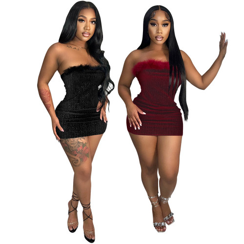 Velvet Shiny Fabric Fur Edge Dress Party Fashion Dress