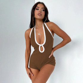 Basic niche women's wrapped contrast sexy backless halter neck cutout V-neck one-piece shorts