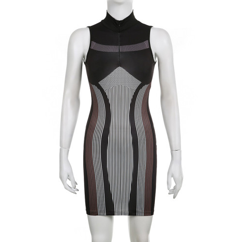 Striped Print Cutout Open Back Sexy Zip Sleeveless Dress