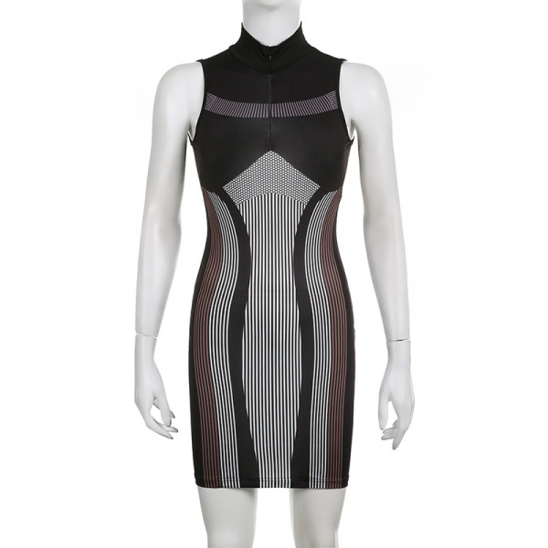 Striped Print Cutout Open Back Sexy Zip Sleeveless Dress