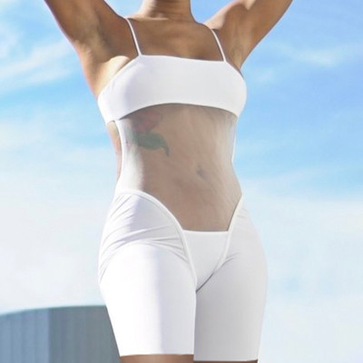 Women's Featured Mesh Perspective Panel Cutout Open Back Sexy Strap Jumpsuit