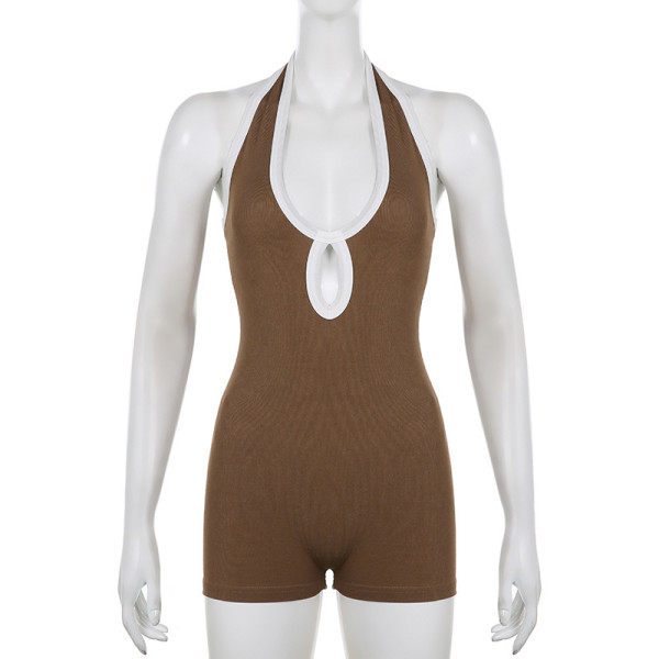Basic niche women's wrapped contrast sexy backless halter neck cutout V-neck one-piece shorts