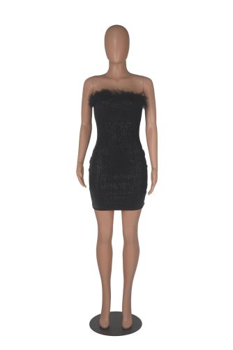 Velvet Shiny Fabric Fur Edge Dress Party Fashion Dress