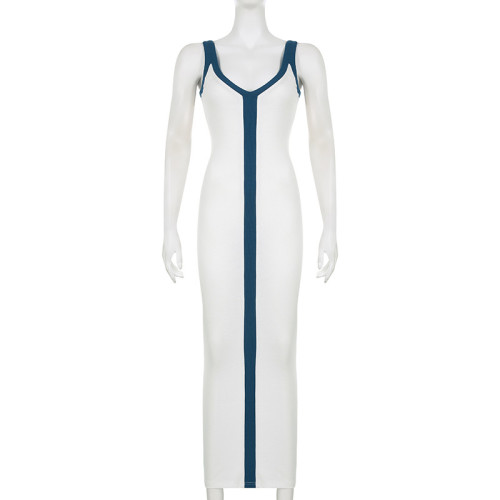 Women's sexy V-neck wide shoulder straps contrast color slimming temperament dress seaside holiday style long skirt