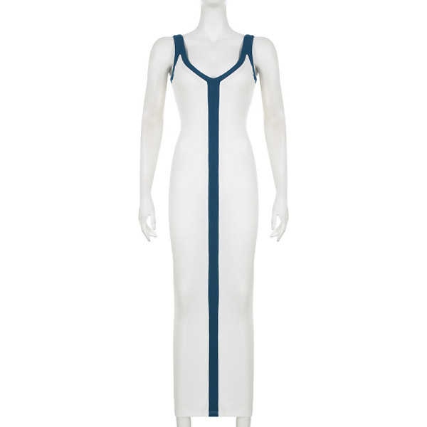 Women's sexy V-neck wide shoulder straps contrast color slimming temperament dress seaside holiday style long skirt