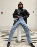 Asymmetrical design, staggered buckle, loose fitting jeans, straight pants, wide leg daddy pants