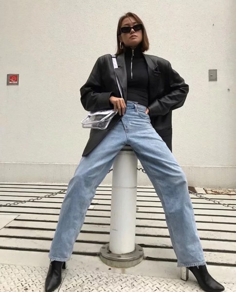 Asymmetrical design, staggered buckle, loose fitting jeans, straight pants, wide leg daddy pants