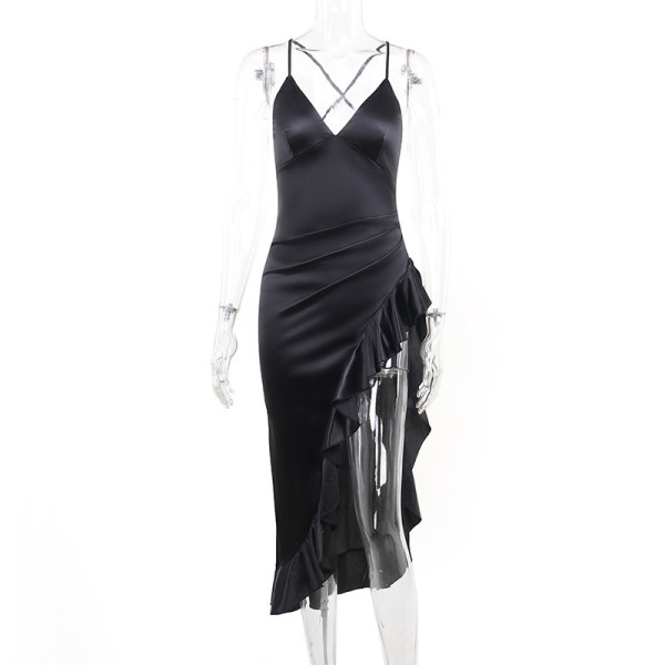 Sexy V-neck suspender with ruffle hem Split Dress Temperament Party Party Slim Fit Long Dress