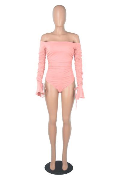 Rib Flare Long Sleeve Off Shoulder Jumpsuit