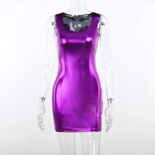 Faux Leather Tank Top Slim Fit Pleated Short Skirt Sexy Casual Fashion Solid Color Dress