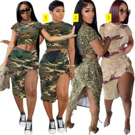 Women's street trend camouflage floral split split wrap hip mini skirt short sleeve set
