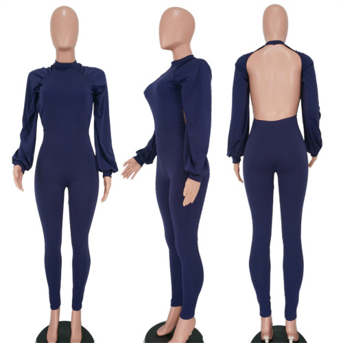 Solid Color Long Sleeve Open Back Sexy Bodysuit
