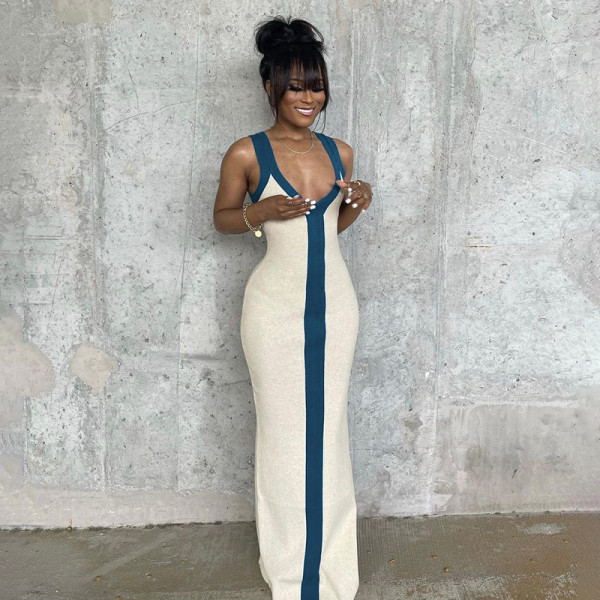 Women's sexy V-neck wide shoulder straps contrast color slimming temperament dress seaside holiday style long skirt
