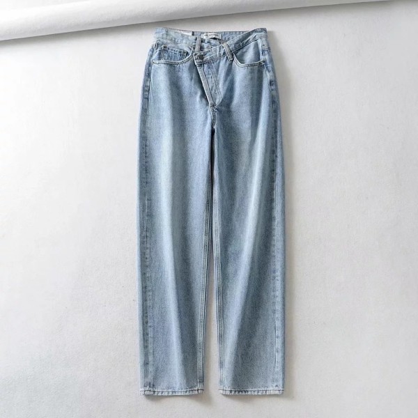 Asymmetrical design, staggered buckle, loose fitting jeans, straight pants, wide leg daddy pants