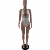 Solid mesh perspective sexy cardigan 3-piece set