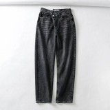 Asymmetrical design, staggered buckle, loose fitting jeans, straight pants, wide leg daddy pants