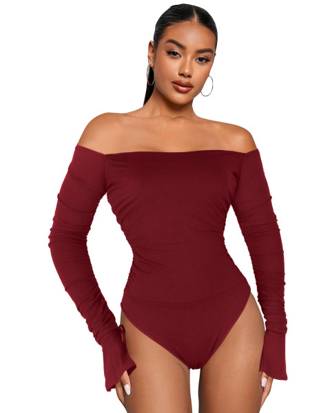 Rib Flare Long Sleeve Off Shoulder Jumpsuit