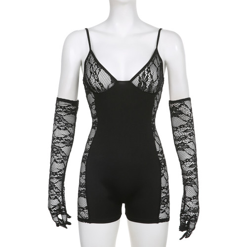 Women's Lace Sleeve Spliced Sexy Half Penetrating V-Neck Strap Bodysuit Shorts