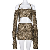 Open Umbilical Broken Hole Tassel Camo Dress Set