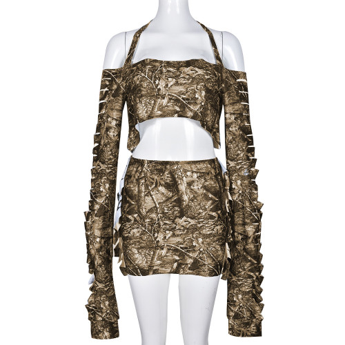 Open Umbilical Broken Hole Tassel Camo Dress Set
