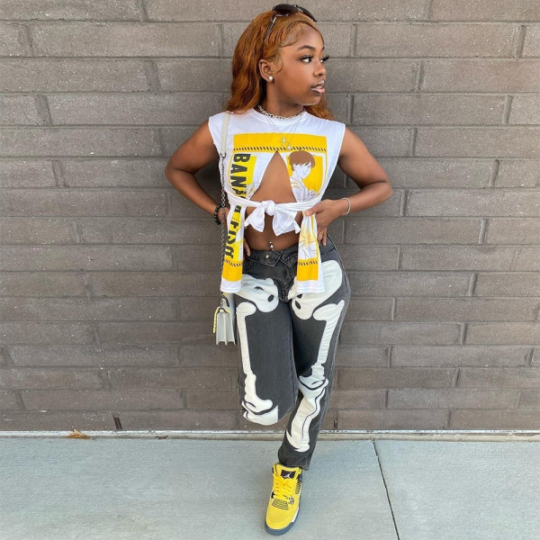 Personalized Open Umbilical Print Cut Out Irregular T-shirt Top